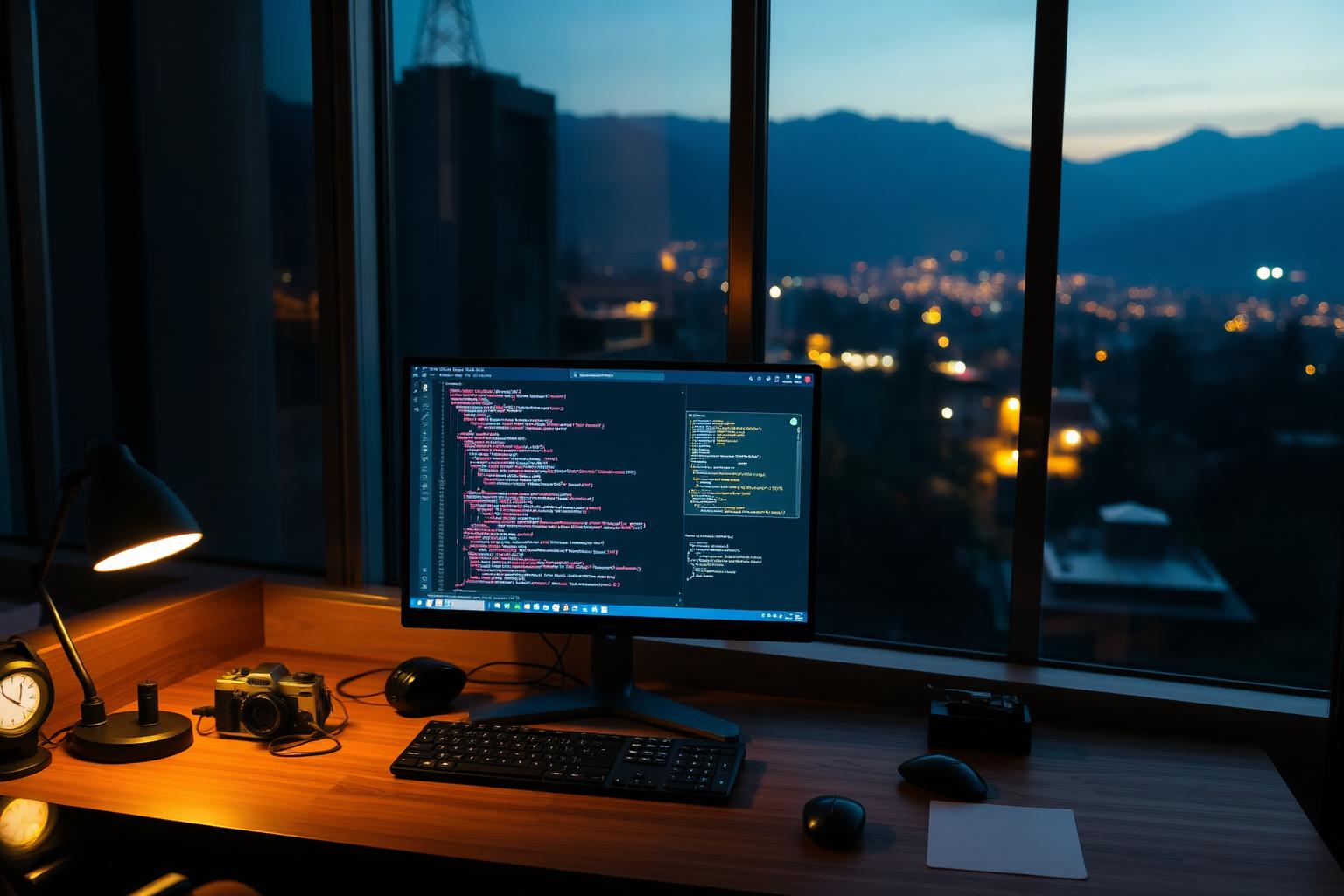 Developer workstation in Lalitpur showing code and an AI assistant, with Kathmandu valley lights outside