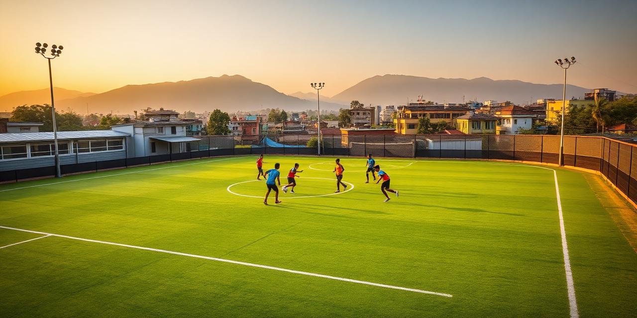 Evening futsal match on a turf arena in Kathmandu with floodlights and Himalayan foothills