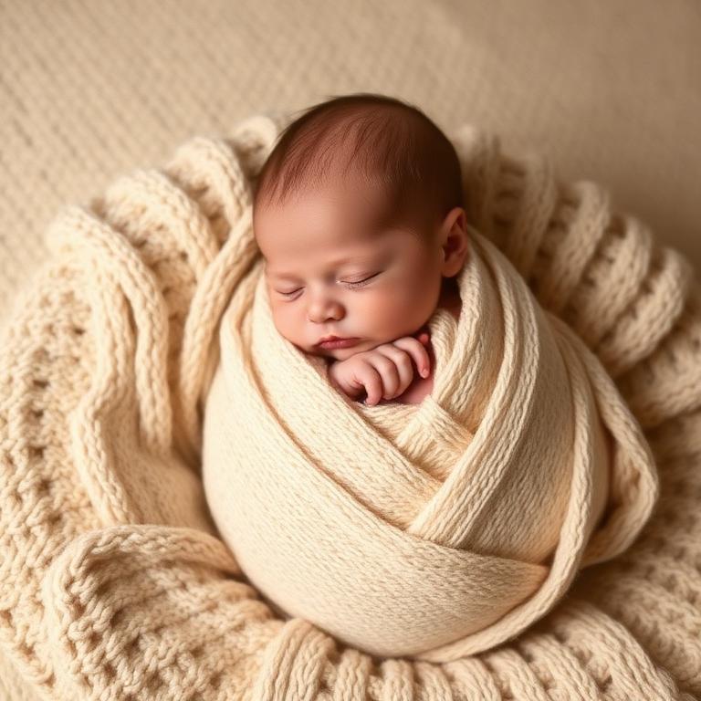 Newborn wrapped in a cream knit blanket during a studio session at New Quality Photo Studio, Bhaktapur