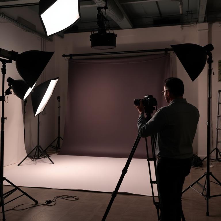 Lighting setup and backdrop inside the New Quality Photo Studio in Bhaktapur